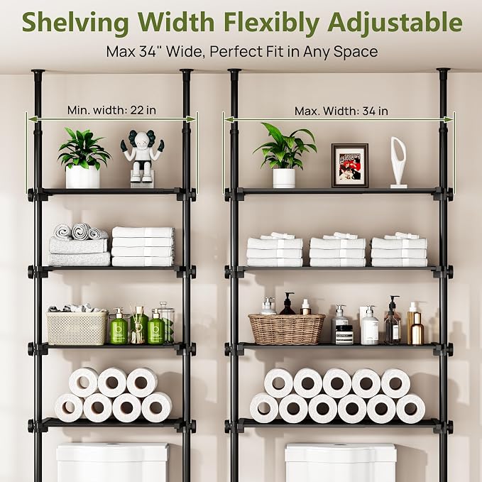 ALLZONE Adjustable Over The Toilet Storage Shelf, 4-Tier Ample Bathroom Organizer and Storage, Tension Mounted Above Toilet Storages Cabinet for Versatility, Fits 66-113 Inch Heights, Black - Image 2