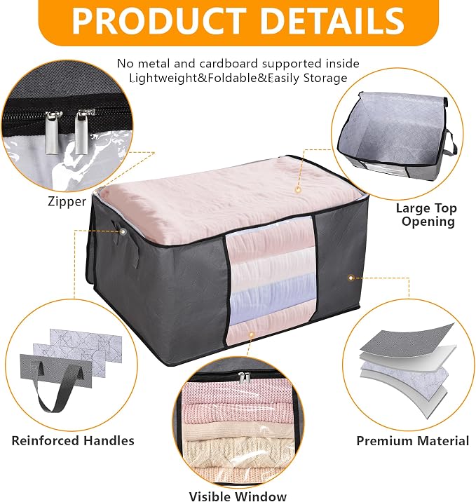 3 Pack Clothes Storage Bags, 90L Large Blanket Storage Bag Comforter Storage Bin with Reinforced Handle and Lid Foldable Closet Organizer and Storage Containers for Bedding Pillows Sheets and Duvet - Image 4