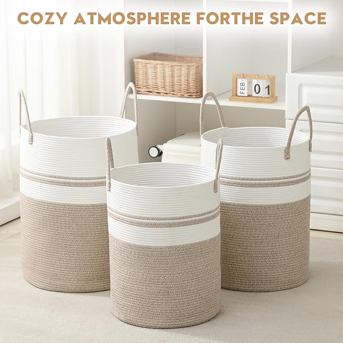 Laundry Basket Hamper Tall Rope Storage Woven for Blanket toys Dirty Clothes in Living Room Bathroom Bedroom (Brown&White, 100L/26.4Gal) - Image 6