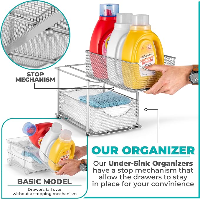 Sorbus Pull-Out Under Sink Organizer, Mesh Construction (Silver, 2 Pack) - Image 4
