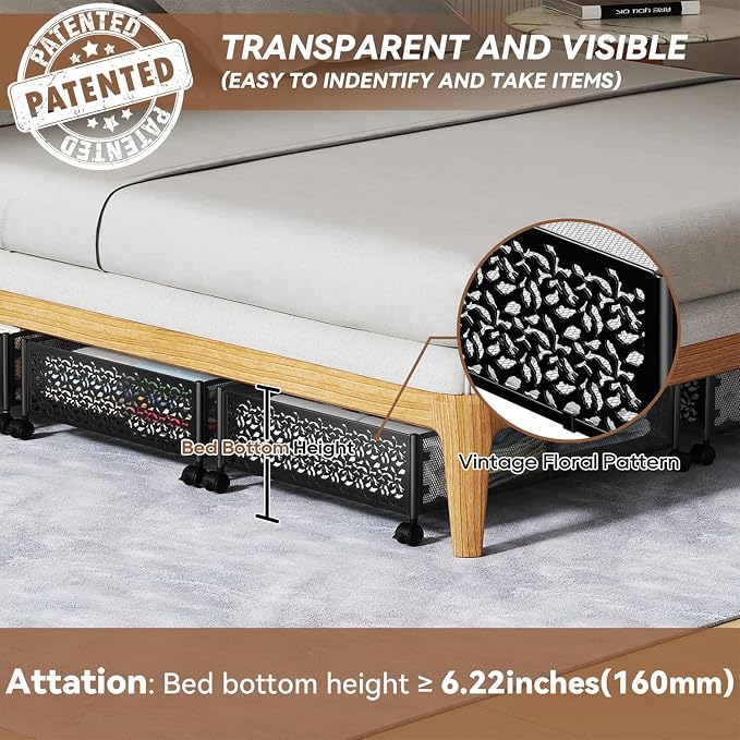 PHINOX Under Bed Stroage Container with wheels,Patterned,Metal,2 Pack,Black | Tool-free assembly, glide smoothly, easy reach, foldable, maxmazie low-profile beds, dorm, keep seasonal clothes, shoes fresh - Image 3
