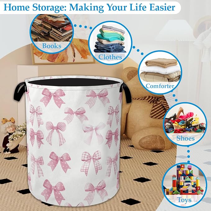 Pink Bowknot Laundry Basket Collapsible Laundry Hamper, Oxford Cloth Storage Bin for Room/Bathroom/Bedroom/Dormitories 16" X 20.8" - Image 5
