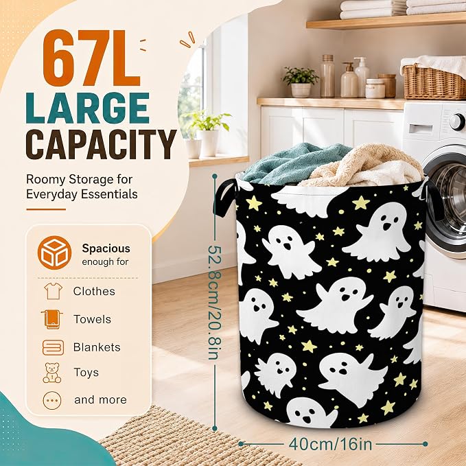 Ghosts Laundry Basket with Handles,Halloween Foldable Oxford Laundry Hamper,Collapsible Clothes Storage Basket for Laundry Room/Bathroom/Bedroom/Dormitories 20.8 x 16 Inches - Image 2