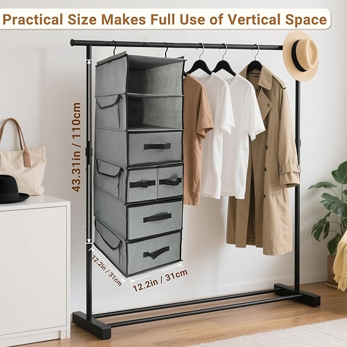 Durable 6-Tier hanging closet organizer with 5 Drawers & 3 Side Pocket,Thickened Fabric Hanging Shelves Holder with Sturdy Hook,Space-saving Storage Organization for Bedroom,Dorm,Guestroom,RV,Bathroom - Image 2