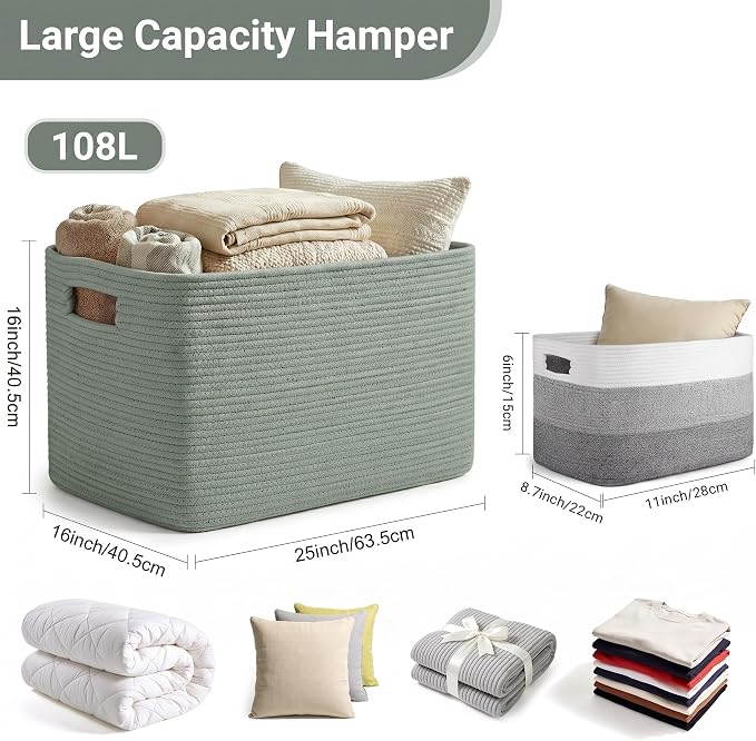 Large Laundry Basket/Hamper, 25"x16"x16" Green Rectangle Basket - Image 2