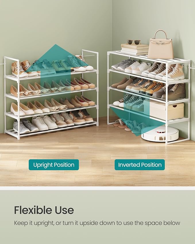 SONGMICS Shoe Rack, 4-Tier Shoe Organizer, Metal Storage Shelf | for Entryway, Upright or Upside Down, for 20-25 Pairs, Stackable, 11.8 x 36.2 x 29.1 Inches, Pearl White ULSA014WK01 - Image 4