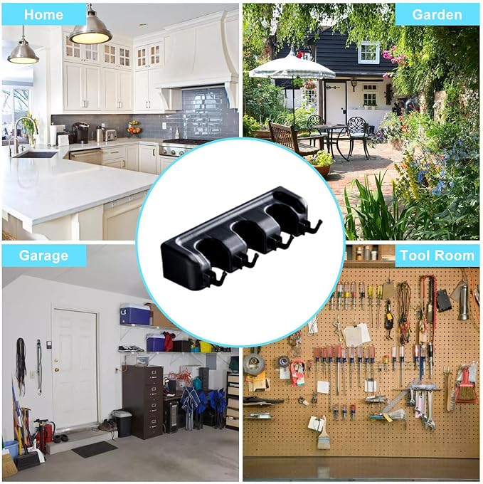 Broom and Mop Holder Wall Mount, Hooks Hanger for Mops and Broom, Organizer Kit with 3 Slots and 4 Hooks, Perfect for House, Bathroom, Laundry, Garden, Tool Room, Garage, Wall Mounted, Black - Image 6