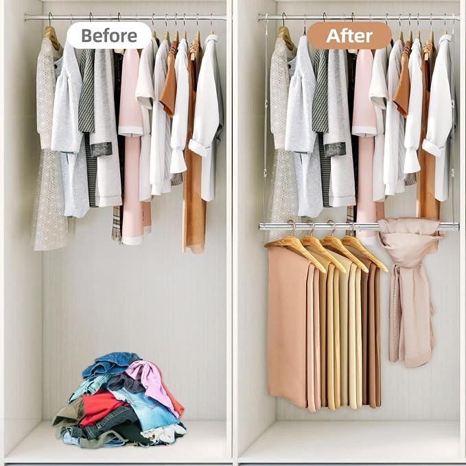STORAGE MANIAC Hanging Closet Rod, Adjustable Width and Height Closet Hanging Organizer, Space-Saving Clothes Hanging Bar, Closet Extender Hanging Rod Double Closet Hanging Rod, 1 Pack Chrome - Image 5