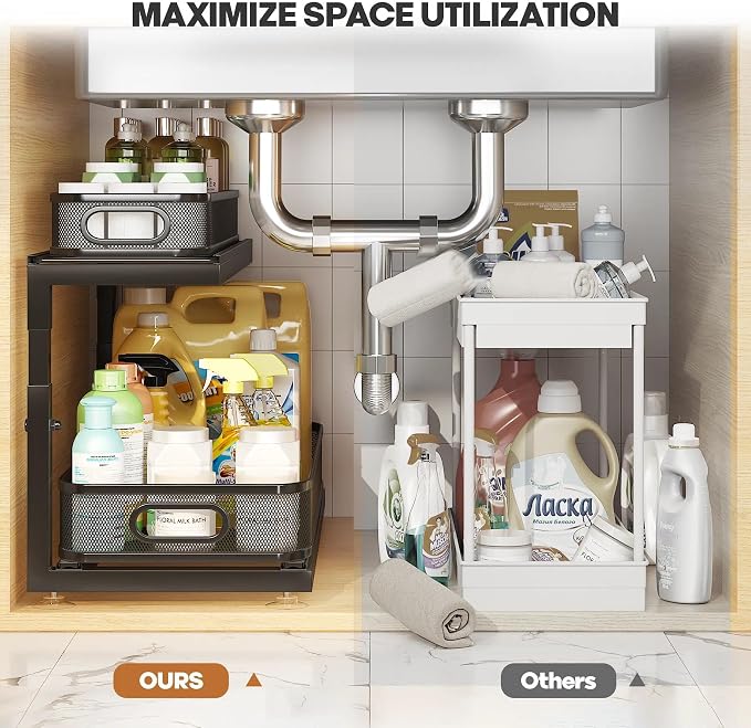 2-Pack 21.3 IN Depth Under Sink Organizer With Next-Gen Ball-Bearing Slides,Sophisticated Mesh 2-Tier Pull Out Shelf for Kitchen & Bathroom,Fits Small Items-Black - Image 5