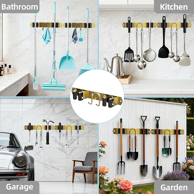 Broom Holder Wall Mount, 2-Pack Stainless Steel Mop and Broom Organizer, Broom Hanger with 2 Slots 2 Hooks for Home Kitchen, Garage, Garden and Laundry Room, Gold - Image 8