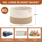 Foldable Laundry Hamper Basket with Collapsible Handle Cotton Rope Soft Woven Fabric Storage Organizer Clothes Toys Nursery Bedroom Dorm Space Saving Bin (White & Brown, 80L(21.7"D x 13.8"H)) - Image 6