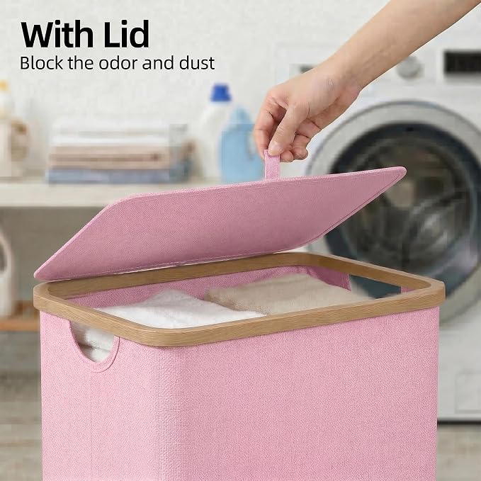 efluky Slim Laundry Basket with Lid, Narrow Laundry Hamper with Removable Bag, Skinny Dirty Clothes Basket with Bamboo Handles for Bathroom, Bedroom & Laundry Room, 65L Pink - Image 2