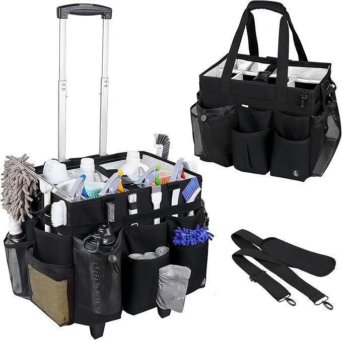 Rolling Cleaning Caddy Bag Built-in Hard Plastic Sheet Detachable Trolley by Timoxi