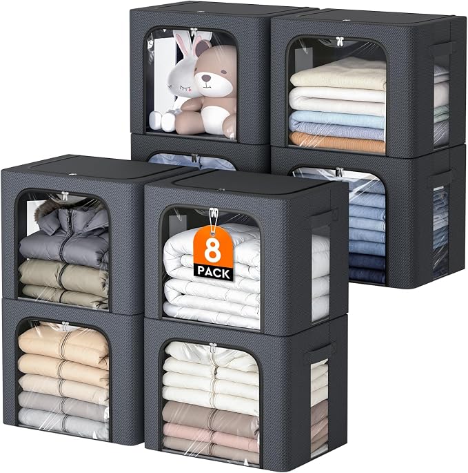 8 Pack Clothes Storage Bins with Metal Frame,Stackable Organizer Bins with Handles for Closet & Bedroom(Light Grey) by EpicTotes