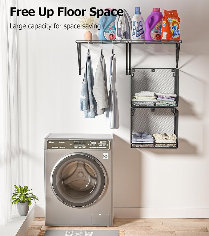 2 Pack Laundry Room Shelves Organization And Storage,Wall Mounted Clothes Drying Rack With Wire Mesh Basket Over Washer And Dryer,Large Capacity Floating Wall Shelf For Bathroom,Kitchen,Storeroom - Image 4