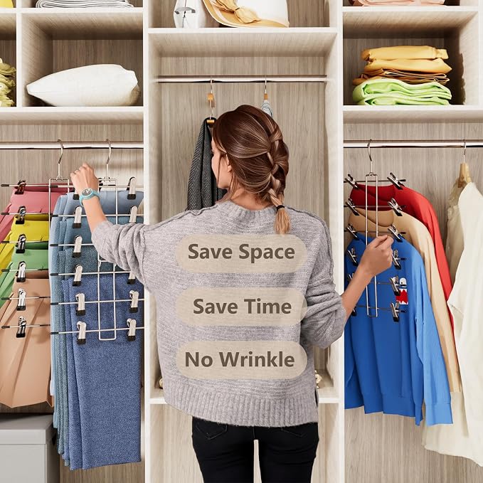 4 Pack Pants & Skirt Hangers Space Saving Hanging Closet Organizer and Storage, Upgrade Skirt Hangers with Clips and 360° Swivel Hook, Closet Storage - Image 3