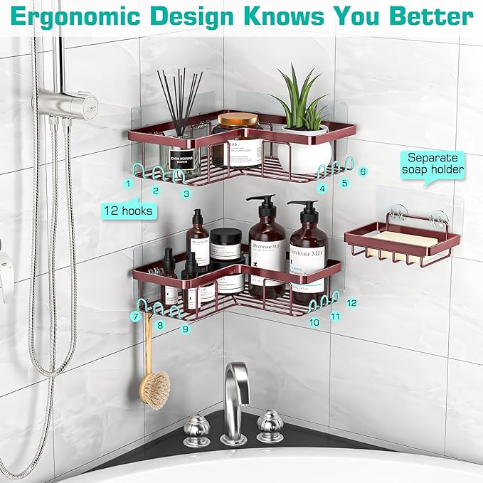 YASONIC Corner Shower Caddy, 3-Pack Adhesive Shower Caddy with Soap Holder and 12 Hooks, Rustproof Stainless Steel, No Drilling Wall Mounted Rack Organizer, for Bathroom, Bronze - Image 4