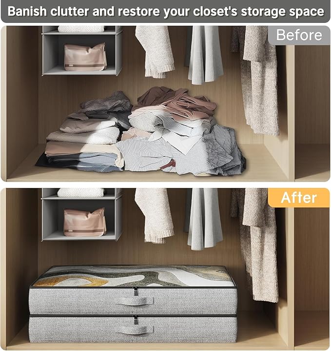 2-Pack Under Bed Storage Containers, 4.5 Inches Tall Clothes Storage, Grey | Low Profile Collapsible Underbed Organizer Bin with Sturdy Sidewalls/Bottom, Cotton-linen, For Seasonal Clothes & Bedding - Image 6
