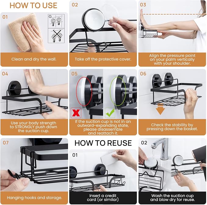 LEVERLOC Shower Caddy Suction Cup, 2 Pack Shower Shelves for Inside, Black - Image 5