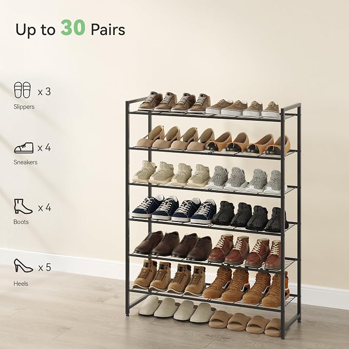 Nunsino Shoe Rack, Metal Shoe Organizer, 6 Tier Garage Shoe Rack Max Holds 30 Pairs,Shoe Storage Shelf for Closet,Entryway, Black - Image 5