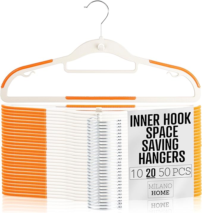 Lightweight White Plastic Hangers 20 Pack with Cascading Hook, Space Saving Thin, Closet Organizer, Orange Anti-Slip Pads, 360° Swivel, Tie Holder by milanohome