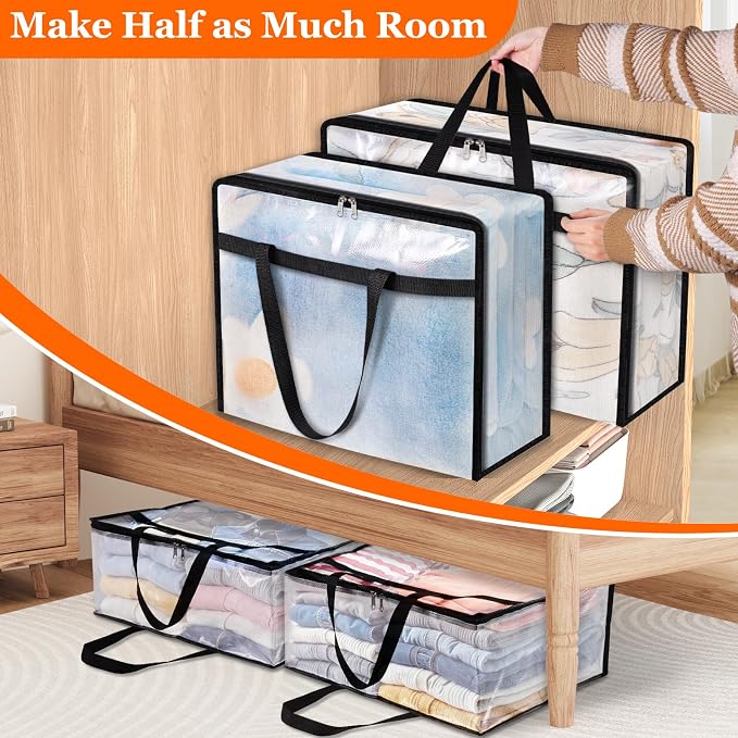 TasticTotes 4 Pack Clear Storage Bags for Comforter, Clothes & Bedding, 40L | Plastic Blanket Storage with Zipper & Handle, Foldable Moving Bags, Closet Organizer and Under-Bed Storage Containers - Image 7