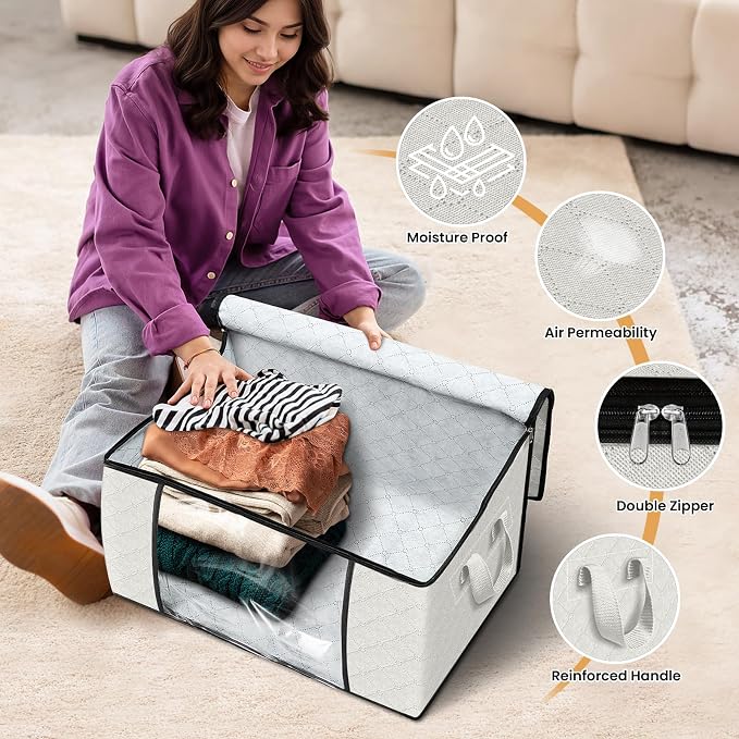 Fab totes 10 Pack Storage Bags for Clothes Blanket Storage Bins with Lids | Foldable Closet Organizers with Zippers,Window and Handles,Fabric Storage Bins for Sweater,Comforter,Bedding,Dorm essentials - Image 4