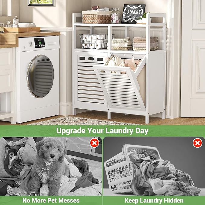 Homykic Tilt Out Laundry Hamper Cabinet, Bamboo Laundry Organizer, White - Image 5