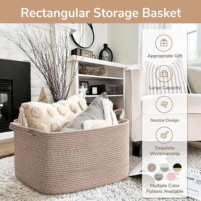 Goodpick Large Woven Rope Blanket Basket, Rectangle, Brown, 75L - Image 7