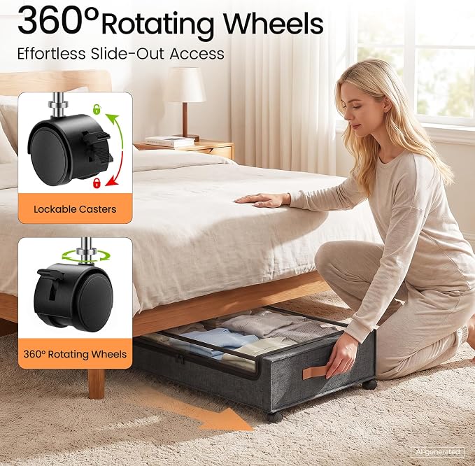 Yecaye 60 L Under Bed Storage with Wheels, 2 Pack Under Bed Storage Containers with Clear Window & Label, Rolling Under bed Shoe Storage organizer for Clothes, Shoes, Hemp Grey - Image 3
