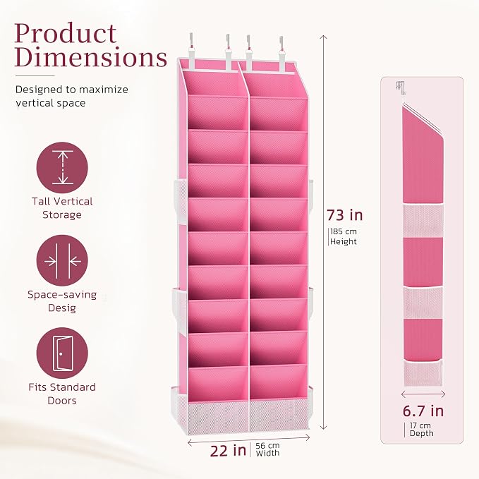 Criusia Over the Door Shoe Organizer, 20-30 Pairs Heavy-Duty Hanging Shoe Storage with Large Pockets, 10-Tier Door Shoe Rack with 4 Hooks for Sneakers Sandals Heels Boots (Pink) - Image 3