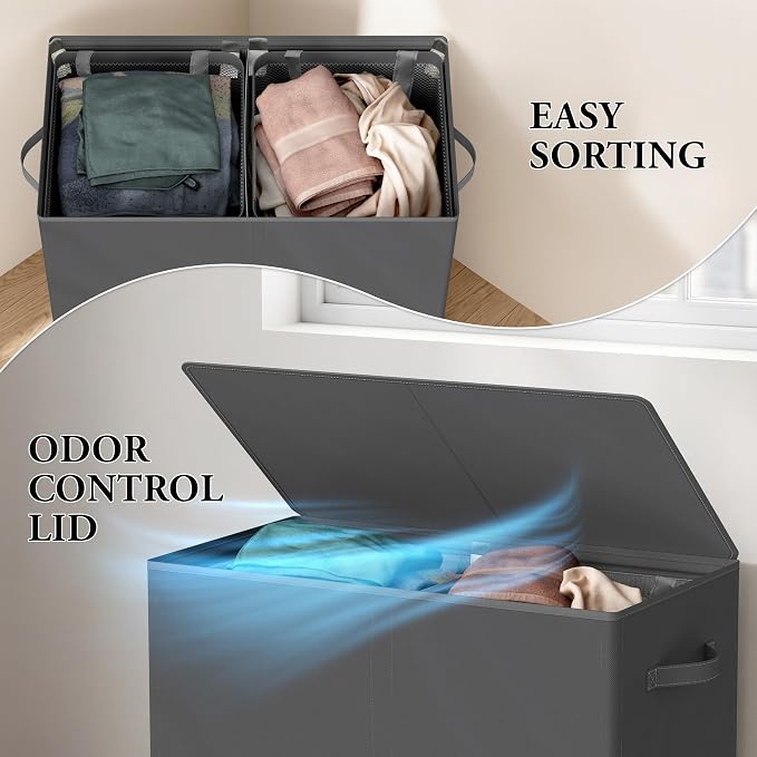 Simple Houseware Double Laundry Hamper with Lid & Removable Bags, Dark Gray - Image 6