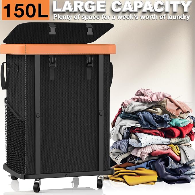 Laundry Hamper with Wheels,150L Leather Patchwork Clothes Hamper Black - Image 3