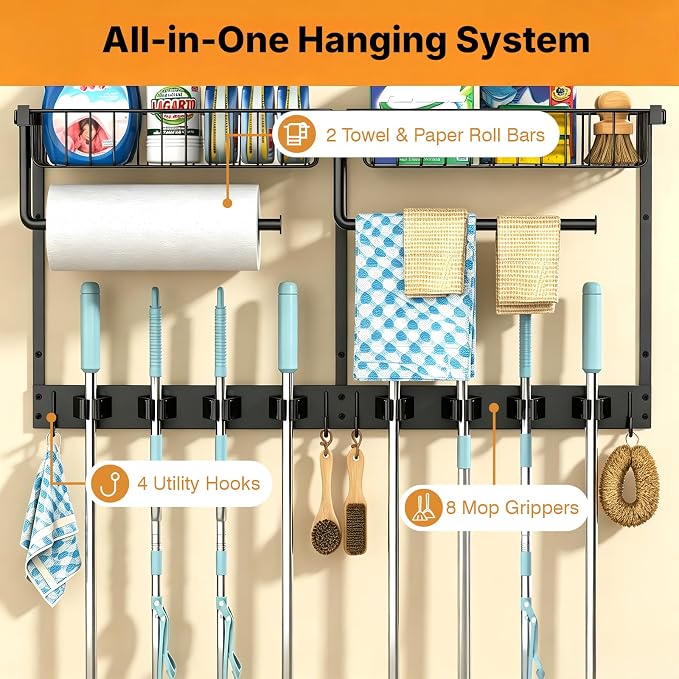 Broom Holder Wall Mount with Paper Towel Holder& Removable Anti-fall Basket - Image 6