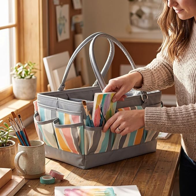 Everything Mary Deluxe Store & Tote Organizer – Grey Stripes Craft Caddy with Handle – Art Storage Tote for Sewing, Scrapbooking, DIY Projects & Crafting Tools - Image 9