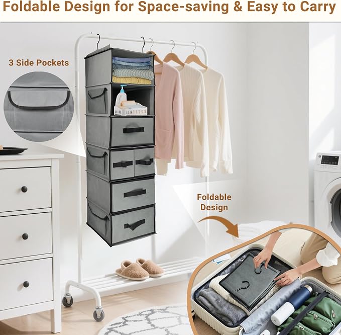 Durable 6-Tier hanging closet organizer with 5 Drawers & 3 Side Pocket,Thickened Fabric Hanging Shelves Holder with Sturdy Hook,Space-saving Storage Organization for Bedroom,Dorm,Guestroom,RV,Bathroom - Image 6