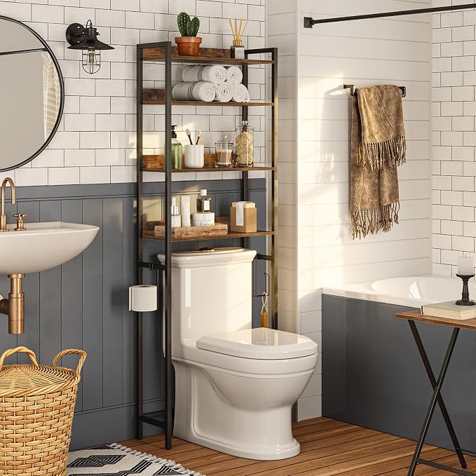 MAHANCRIS Over The Toilet Storage Rack, 4 Tier Bathroom Organizer Over Toilet, Freestanding Space Saver Toilet Stand with 2 Hooks, Bathroom Storage Shelf, Easy to Assemble, Rustic Brown TSHR0401Z by MAHANCRIS