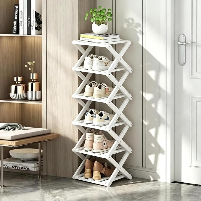 6 Tier Foldable Shoe Rack, Bamboo Vertical Shoe Organizer Tall for Multifunctional Narrow Shoe Shelf for Entryway, Closet, Corner, Bedroom, Hallway(White) by XZXWZX