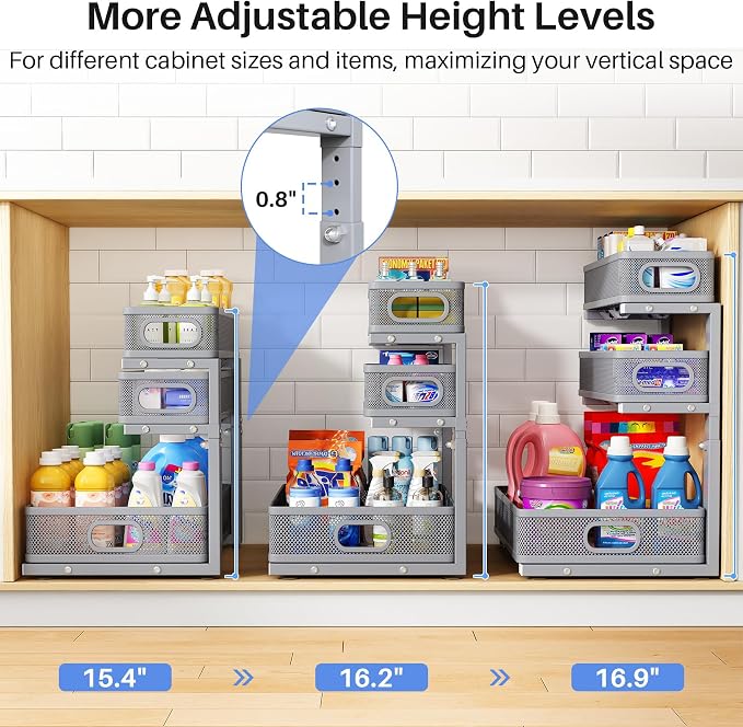 Under Sink Organizer, 3-Tier Thickened Metal Pull out Cabinet Organizer Shelf, Height Adjustable Slide out Storage Drawer Rack for Kitchen Bathroom Pantry Laundry Home Organization, 1-Pack, Grey - Image 8