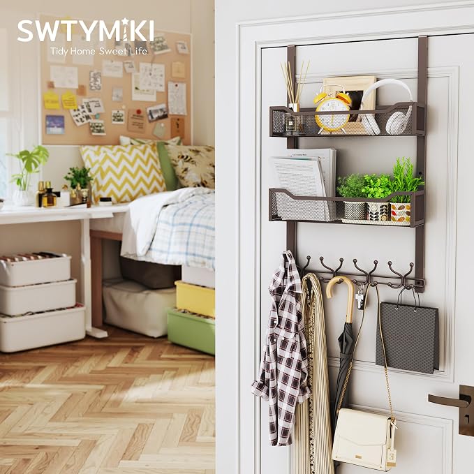 SWTYMIKI Over The Door Hooks Organizer - Multi-Functional Door Hanger with 16 Hooks & 2 Mesh Baskets, Long Coat Rack for Bathroom, Bedroom, Living Room, Home Storage Organizer, Bronze - Image 4