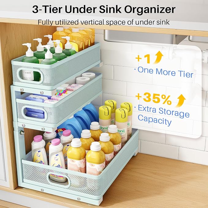Under Sink Organizer, 3-Tier Thickened Metal Pull out Cabinet Organizer Shelf, Height Adjustable Slide out Storage Drawer Rack for Kitchen Bathroom Pantry Laundry Home, 2-Pack, LightBlue - Image 3