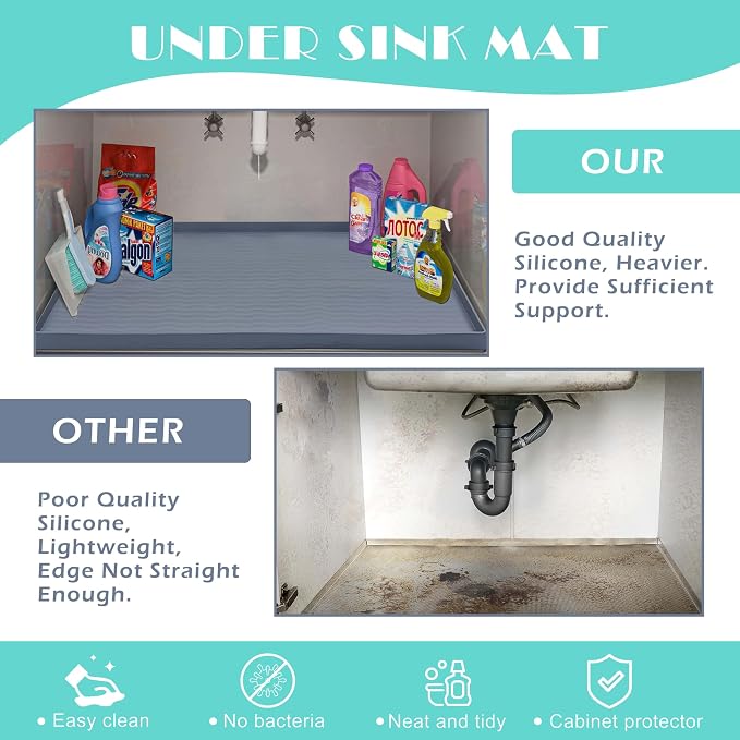 URMONA Waterproof Silicone Under Sink Mat 16'' x 10'' Shelf Liner for Kitchen and Bathroom, Cabinet and Counter Protector, Storage and Organizers, Litter Mat, Pet Cat Puppy Essentials(Light Grey) - Image 5