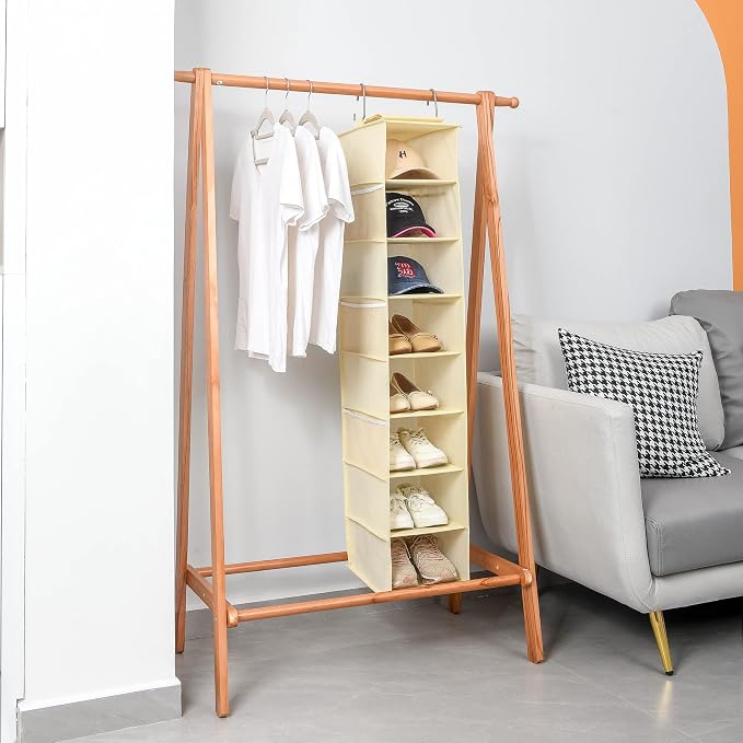 Berdeng Hanging Shoe Organizer for Closet with Side Mesh Pockets，Hat Racks for Baseball Caps，Shoe and Hat Holder & Storage，8-Shelf，Beige，2 Pack - Image 6