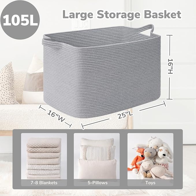 Goodpick 105L Extra Large Woven Rope Blanket Basket, Rectangle, Gray - Image 3