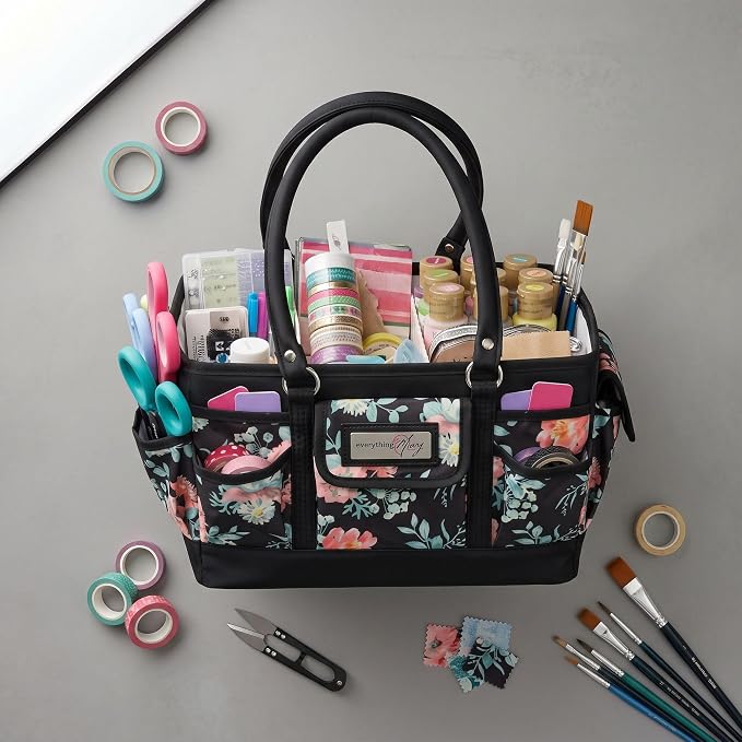 Everything Mary Deluxe Store & Tote Organizer – Black & Floral Craft Bag with Handle – Sewing, Scrapbooking & Art Supply Caddy – Stylish Storage for DIY Projects - Image 5