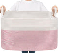 Goodpick Large Woven Rope Blanket Basket, Rectangle, White & Pink by Goodpick