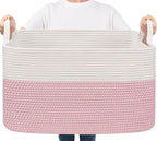 Goodpick Large Woven Rope Blanket Basket, Rectangle, White & Pink by Goodpick