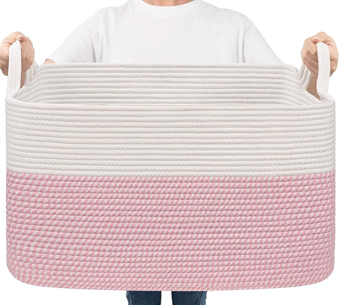 Goodpick Large Woven Rope Blanket Basket, Rectangle, White & Pink by Goodpick