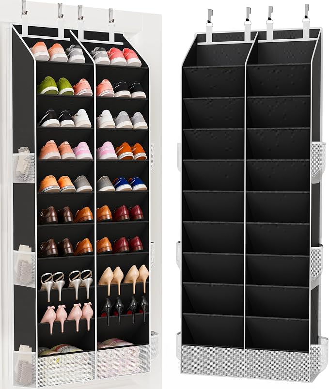 Criusia Over the Door Shoe Organizer, 20-30 Pairs Heavy-Duty Hanging Shoe Storage with Large Pockets, 10-Tier Door Shoe Rack with 4 Hooks for Sneakers Sandals Heels Boots (Black) by Criusia