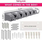Berry Ave Broom Holder Wall Mount and Garden Tool Organizer, Closet Storage, Kitchen Rack, Home Organization and Garage Organizer for Rake or Mop Handles Up to 1.25-Inches, Hanger Plus 6 Hooks (Grey) - Image 7